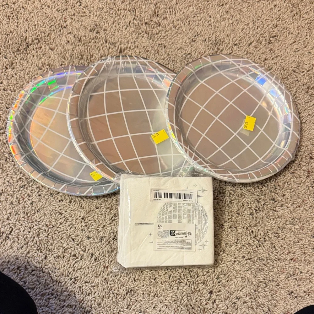 Holographic Silver Disposable Plates and Napkins Set